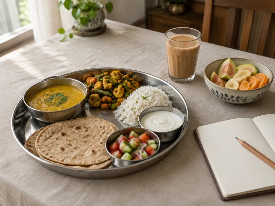 An everyday Indian home meal on a steel thali with dal, rotis, sabzi, rice, curd and salad, a glass of chai and an open notebook